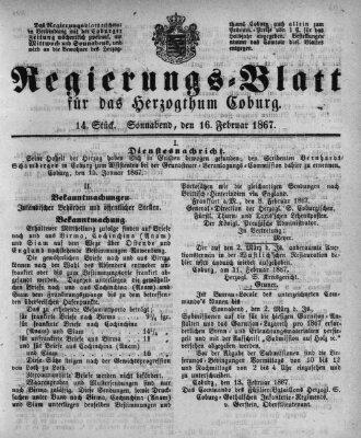 Regierungs-Blatt für das Herzogtum Coburg (Coburger Regierungs-Blatt) Samstag 16. Februar 1867