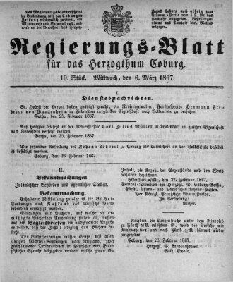 Regierungs-Blatt für das Herzogtum Coburg (Coburger Regierungs-Blatt) Mittwoch 6. März 1867