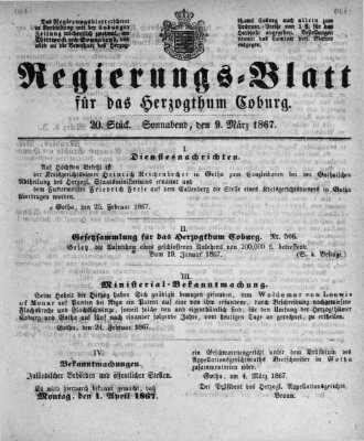 Regierungs-Blatt für das Herzogtum Coburg (Coburger Regierungs-Blatt) Samstag 9. März 1867