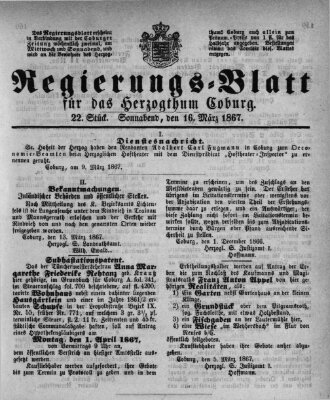 Regierungs-Blatt für das Herzogtum Coburg (Coburger Regierungs-Blatt) Samstag 16. März 1867