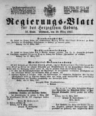 Regierungs-Blatt für das Herzogtum Coburg (Coburger Regierungs-Blatt) Mittwoch 20. März 1867