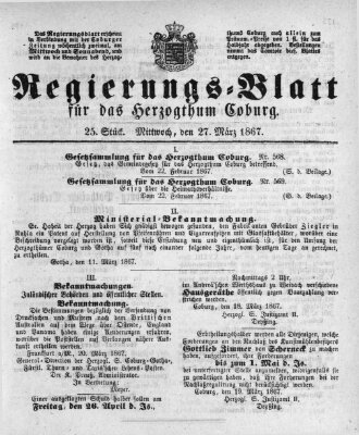 Regierungs-Blatt für das Herzogtum Coburg (Coburger Regierungs-Blatt) Mittwoch 27. März 1867