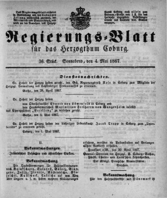 Regierungs-Blatt für das Herzogtum Coburg (Coburger Regierungs-Blatt) Samstag 4. Mai 1867