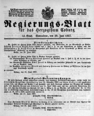 Regierungs-Blatt für das Herzogtum Coburg (Coburger Regierungs-Blatt) Samstag 29. Juni 1867