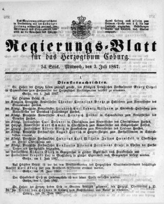 Regierungs-Blatt für das Herzogtum Coburg (Coburger Regierungs-Blatt) Mittwoch 3. Juli 1867