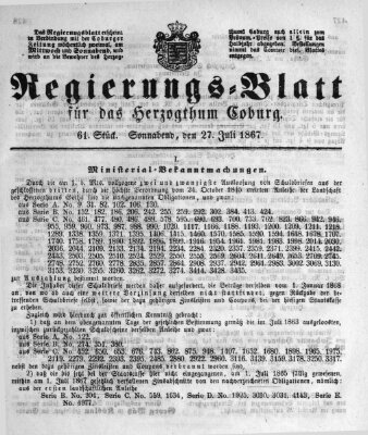 Regierungs-Blatt für das Herzogtum Coburg (Coburger Regierungs-Blatt) Samstag 27. Juli 1867