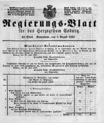 Regierungs-Blatt für das Herzogtum Coburg (Coburger Regierungs-Blatt) Samstag 3. August 1867