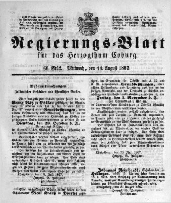 Regierungs-Blatt für das Herzogtum Coburg (Coburger Regierungs-Blatt) Mittwoch 14. August 1867