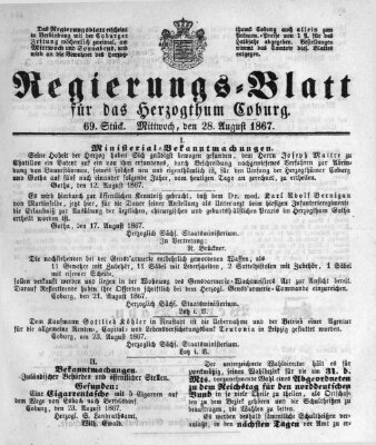 Regierungs-Blatt für das Herzogtum Coburg (Coburger Regierungs-Blatt) Mittwoch 28. August 1867