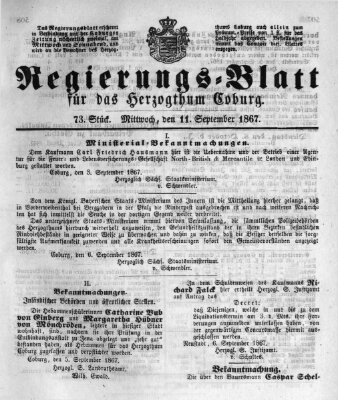 Regierungs-Blatt für das Herzogtum Coburg (Coburger Regierungs-Blatt) Mittwoch 11. September 1867