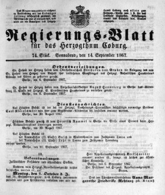 Regierungs-Blatt für das Herzogtum Coburg (Coburger Regierungs-Blatt) Samstag 14. September 1867