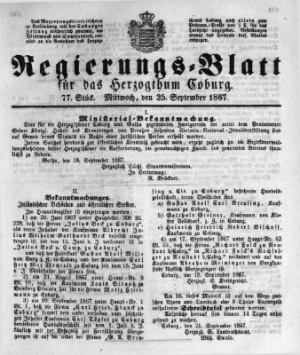 Regierungs-Blatt für das Herzogtum Coburg (Coburger Regierungs-Blatt) Mittwoch 25. September 1867