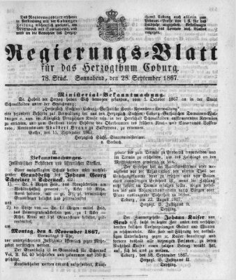 Regierungs-Blatt für das Herzogtum Coburg (Coburger Regierungs-Blatt) Samstag 28. September 1867