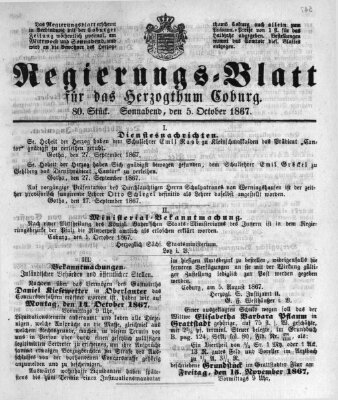 Regierungs-Blatt für das Herzogtum Coburg (Coburger Regierungs-Blatt) Samstag 5. Oktober 1867