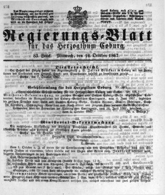 Regierungs-Blatt für das Herzogtum Coburg (Coburger Regierungs-Blatt) Mittwoch 16. Oktober 1867