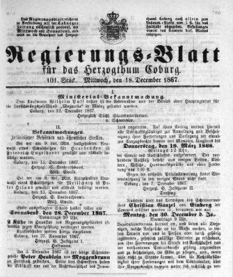 Regierungs-Blatt für das Herzogtum Coburg (Coburger Regierungs-Blatt) Mittwoch 18. Dezember 1867