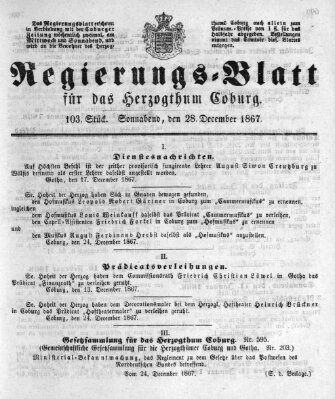 Regierungs-Blatt für das Herzogtum Coburg (Coburger Regierungs-Blatt) Samstag 28. Dezember 1867