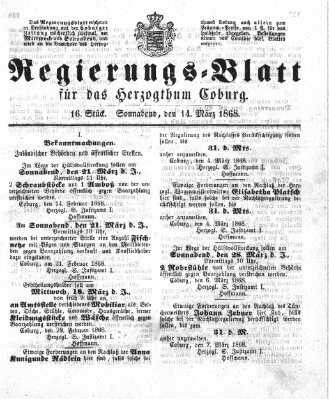 Regierungs-Blatt für das Herzogtum Coburg (Coburger Regierungs-Blatt) Samstag 14. März 1868