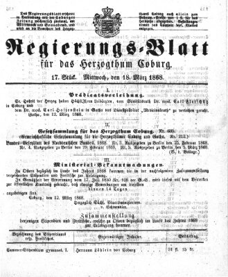 Regierungs-Blatt für das Herzogtum Coburg (Coburger Regierungs-Blatt) Mittwoch 18. März 1868