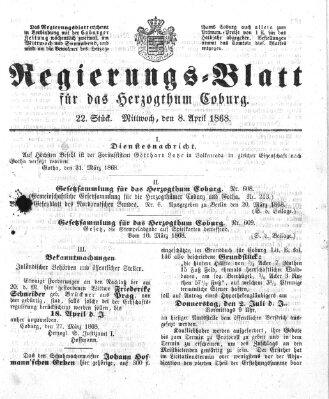 Regierungs-Blatt für das Herzogtum Coburg (Coburger Regierungs-Blatt) Mittwoch 8. April 1868