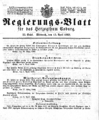 Regierungs-Blatt für das Herzogtum Coburg (Coburger Regierungs-Blatt) Mittwoch 15. April 1868