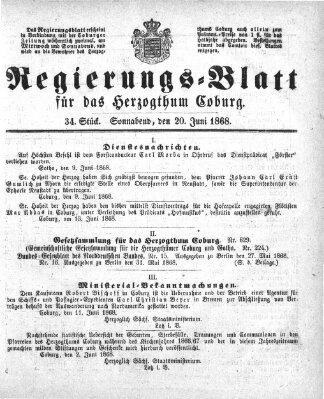 Regierungs-Blatt für das Herzogtum Coburg (Coburger Regierungs-Blatt) Samstag 20. Juni 1868