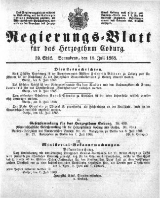 Regierungs-Blatt für das Herzogtum Coburg (Coburger Regierungs-Blatt) Samstag 18. Juli 1868