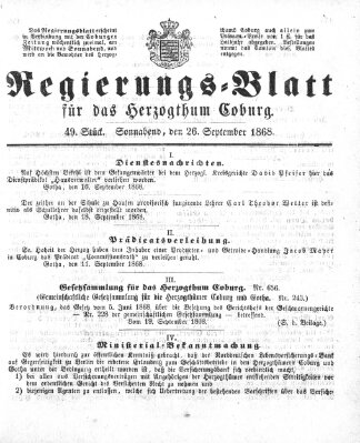 Regierungs-Blatt für das Herzogtum Coburg (Coburger Regierungs-Blatt) Samstag 26. September 1868