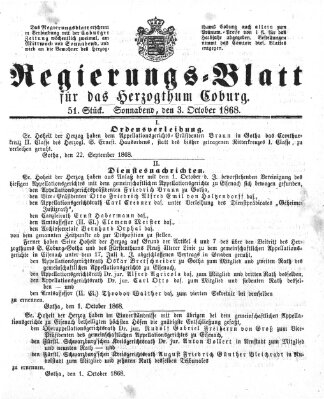 Regierungs-Blatt für das Herzogtum Coburg (Coburger Regierungs-Blatt) Samstag 3. Oktober 1868