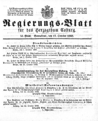 Regierungs-Blatt für das Herzogtum Coburg (Coburger Regierungs-Blatt) Samstag 17. Oktober 1868