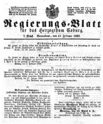 Regierungs-Blatt für das Herzogtum Coburg (Coburger Regierungs-Blatt) Samstag 13. Februar 1869