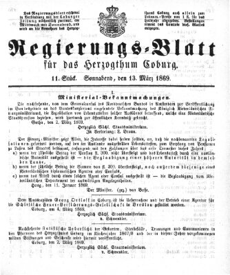 Regierungs-Blatt für das Herzogtum Coburg (Coburger Regierungs-Blatt) Samstag 13. März 1869