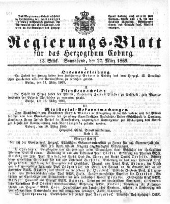 Regierungs-Blatt für das Herzogtum Coburg (Coburger Regierungs-Blatt) Samstag 27. März 1869