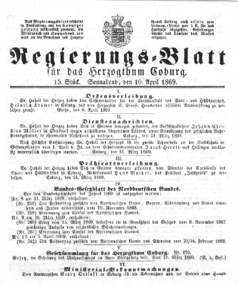 Regierungs-Blatt für das Herzogtum Coburg (Coburger Regierungs-Blatt) Samstag 10. April 1869