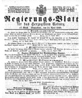 Regierungs-Blatt für das Herzogtum Coburg (Coburger Regierungs-Blatt) Samstag 24. April 1869