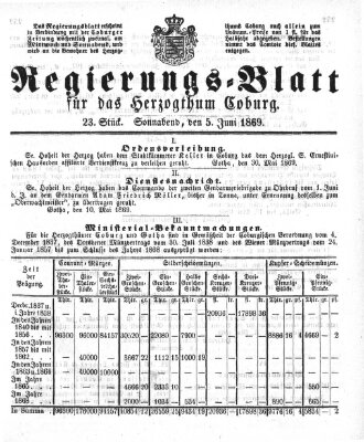 Regierungs-Blatt für das Herzogtum Coburg (Coburger Regierungs-Blatt) Samstag 5. Juni 1869