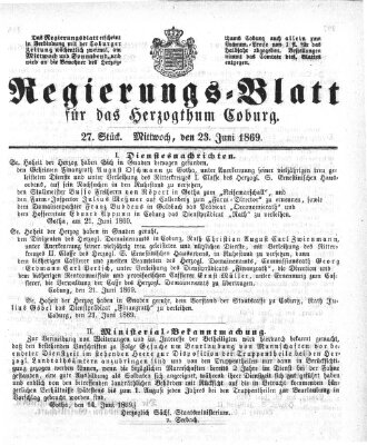 Regierungs-Blatt für das Herzogtum Coburg (Coburger Regierungs-Blatt) Mittwoch 23. Juni 1869