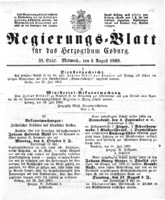 Regierungs-Blatt für das Herzogtum Coburg (Coburger Regierungs-Blatt) Mittwoch 4. August 1869