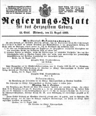 Regierungs-Blatt für das Herzogtum Coburg (Coburger Regierungs-Blatt) Mittwoch 25. August 1869