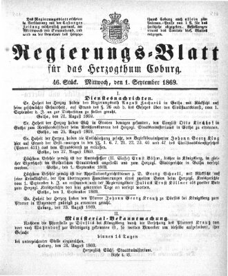 Regierungs-Blatt für das Herzogtum Coburg (Coburger Regierungs-Blatt) Mittwoch 1. September 1869