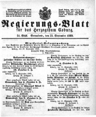 Regierungs-Blatt für das Herzogtum Coburg (Coburger Regierungs-Blatt) Samstag 25. September 1869