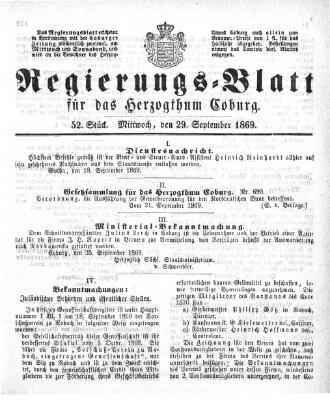 Regierungs-Blatt für das Herzogtum Coburg (Coburger Regierungs-Blatt) Mittwoch 29. September 1869