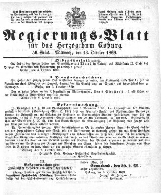 Regierungs-Blatt für das Herzogtum Coburg (Coburger Regierungs-Blatt) Mittwoch 13. Oktober 1869