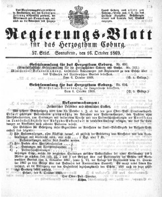 Regierungs-Blatt für das Herzogtum Coburg (Coburger Regierungs-Blatt) Samstag 16. Oktober 1869