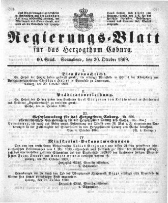 Regierungs-Blatt für das Herzogtum Coburg (Coburger Regierungs-Blatt) Samstag 30. Oktober 1869