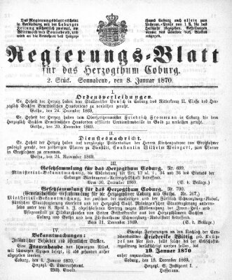 Regierungs-Blatt für das Herzogtum Coburg (Coburger Regierungs-Blatt) Samstag 8. Januar 1870