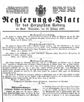 Regierungs-Blatt für das Herzogtum Coburg (Coburger Regierungs-Blatt) Samstag 19. Februar 1870