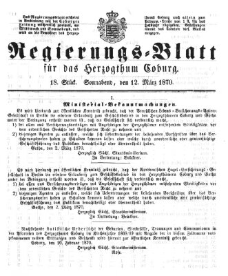 Regierungs-Blatt für das Herzogtum Coburg (Coburger Regierungs-Blatt) Samstag 12. März 1870