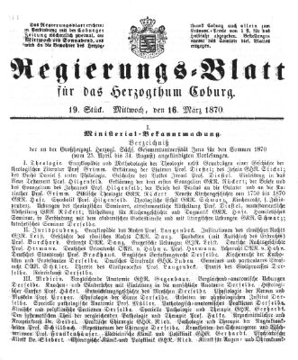 Regierungs-Blatt für das Herzogtum Coburg (Coburger Regierungs-Blatt) Mittwoch 16. März 1870