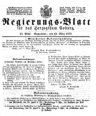 Regierungs-Blatt für das Herzogtum Coburg (Coburger Regierungs-Blatt) Samstag 19. März 1870